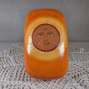 Vintage Indian Papier Mache Sun Face Trinket Box Hand Painted Kashmir Boho Decor